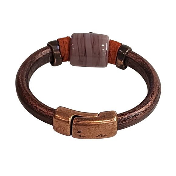 NEW Artisan Rose Gold Distressed Leather & Ceramic Dragonfly Bead Bangle - Picture 7 of 7